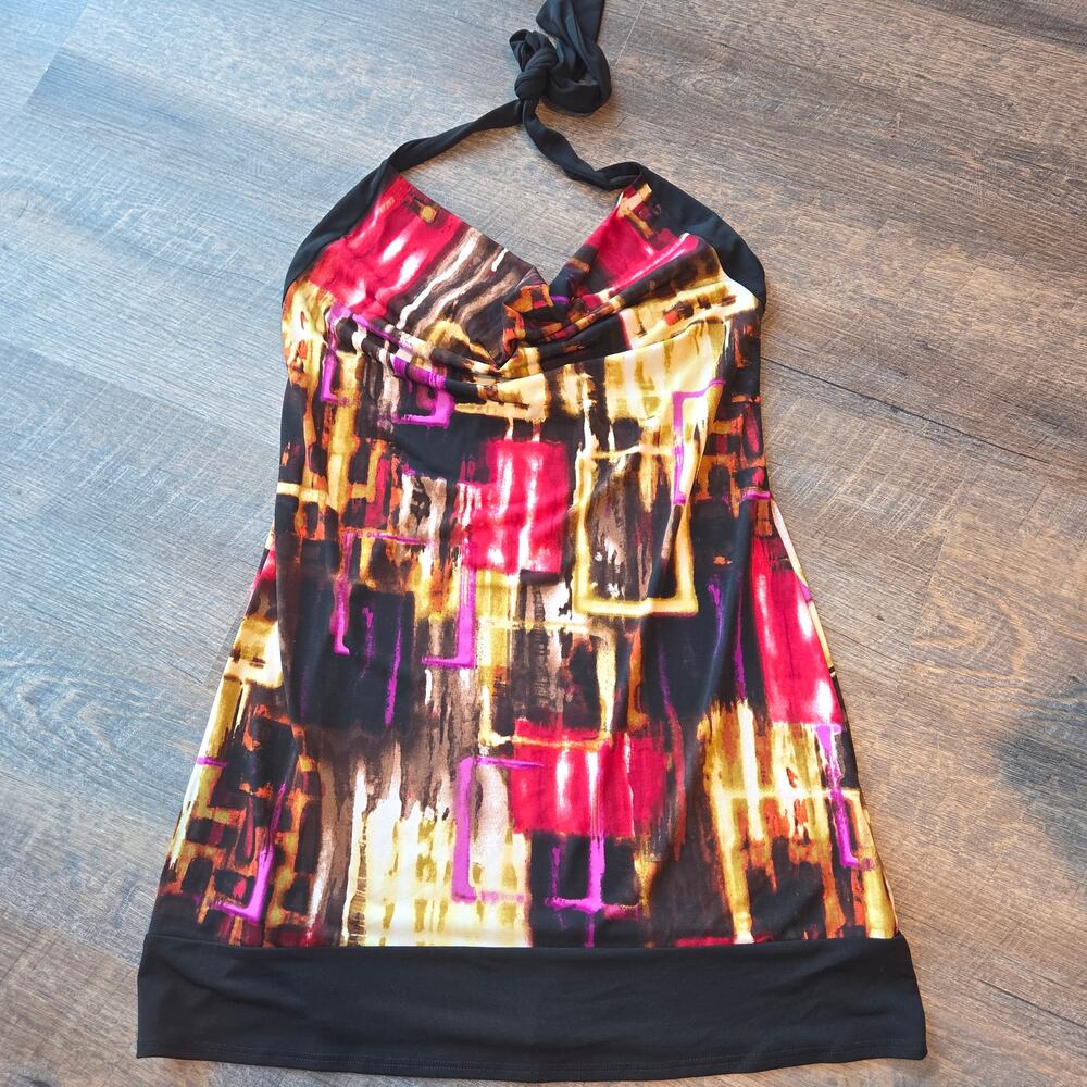IZ Halter Dress Multicolored Pattern Black Hem
